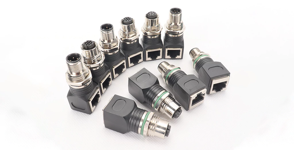 M12 Connector to RJ45 Adapter, Male/Female Options, Straight and 90-degree Styles, A/D Coded